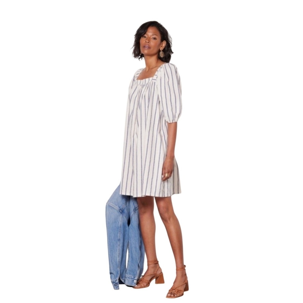 Faherty Phoenix Dress Navy Cream Elroy Stripe Linen Blend Mini Sz Small Coastal